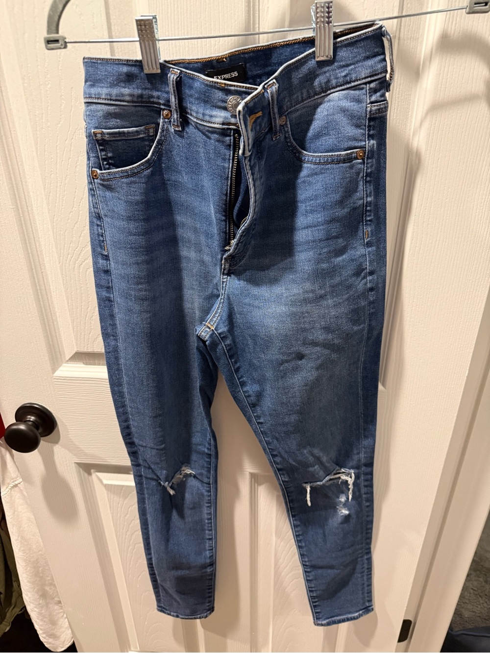 Express Women's Medium Blue Distressed High-Rise Skinny Jeans